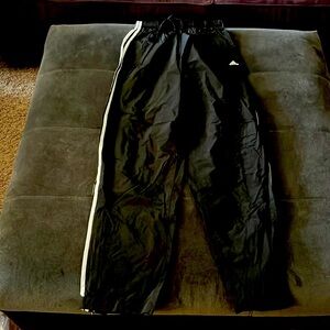 Adidas black three stripes wind pants, XL, zip bottom and Velcro, like new